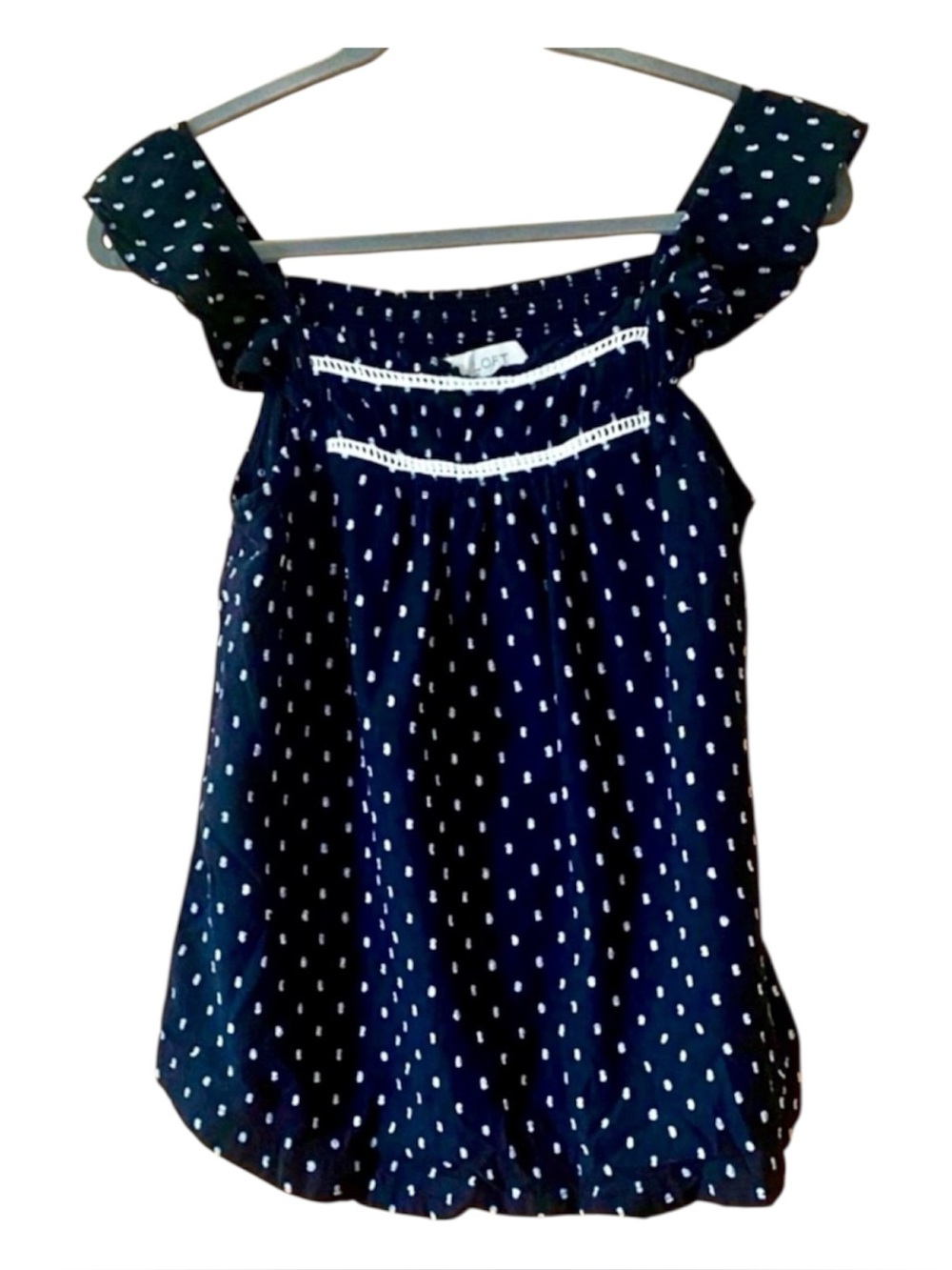 LOFT Black Embroidered Dot Cotton Flutter Sleeve Peasant Blouse Small